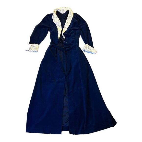 Vanity Fair Navy Blue Velour Robe size Small Dressing Gown House Coat Lace Trim - Picture 1 of 6